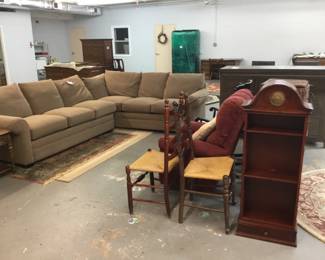 Basset sectional, side table, chairs and rugs 