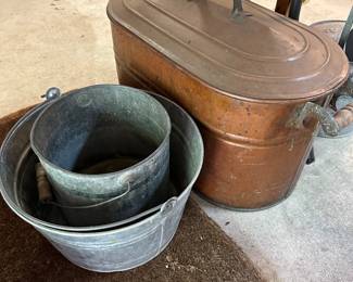 Large Copper Bucker & Galvanized pots