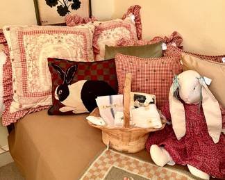 Toile pillows needlepoint bunny pillow, Ralph Lauren blanket.