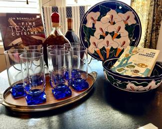 Mexican Talavera, cobalt glasses. Signed John Bennell’s Texas Cuisine!