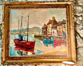 Vibrant vintage boat oil painting