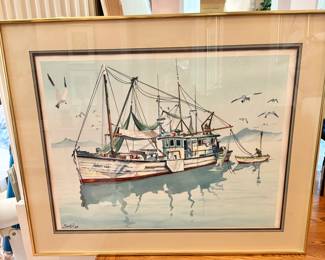 Framed watercolor Shrimp Boat signed Saule