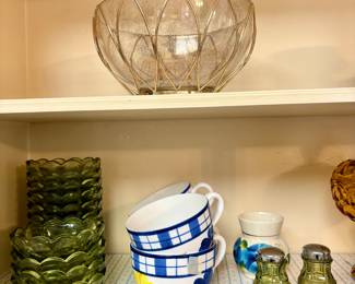 Top - Mid Century Modern Gold & Glass Speckled Bowl. Bottom shelf is Green Thumbprint Glass Bowl, pair of Fostoria Coin Glass Green salt &  pepper set.                              
