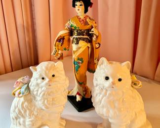 Vintage Omnibus Porcelain Cats. Japanese Geisha Doll.