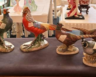 Hand Painted Ceramic Pheasants pair, "Lefton" quail & pheasants.