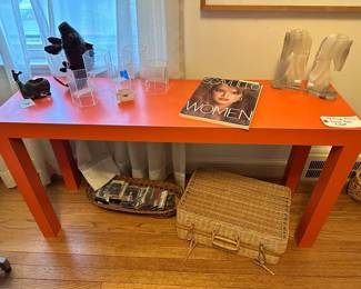 Vtg. Orange Formica Console Table, Slug Metal Casting, Japanese Patinated Bronze Koi Fish Vase, Woven Baskets & Trays