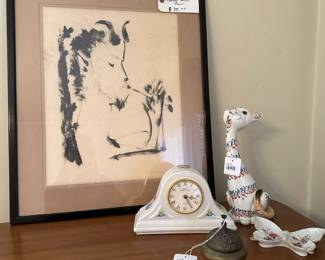 Parfum Laura Ashley Mantle Clock, Italian Cat Bank,  Vtg. Brass Hotel Bell, Pablo Picasso Print