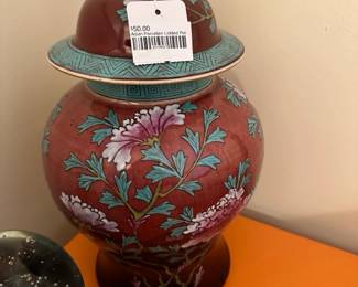 Asian Porcelain Lidded Pot, Brass Moth Trinket Tray
