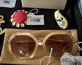 Vtg Ted Lapidus Cream/Gold Sunglasses, Dansk 12 Candle Holder, Vintage Monet Enamel Earrings, Sandor Enamel Flower Brooch, ESTEE LAUDER Blush All Day Natural Cheek Color (THREE) 