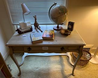Vintage Writing Desk, Vintage Globe, Task Lamp Organizer, Dachshund Ceramic Letter Holder, Stone Ashtrays, Brutalist Steel Vase by Olav Joff