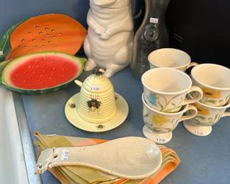 Vintage Napkins, Tea cups, Ceramic Cookie Jar