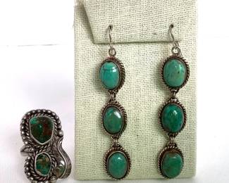 HAYE235 Navajo Turquoise Triple Stone EArring and Ring