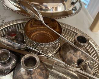 Silver plate serving pieces, candle holders, patters
