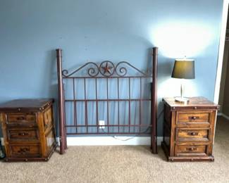 Iron full size Headboard and footboard.  Two nightstands and lamps
