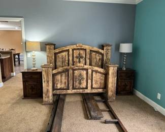 Rustic Queen size Headboard and footboard.  Two night stands.  Lamps