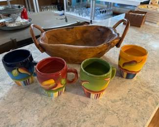 Colorful Coffee Mugs.  Unique Wooden Bowl