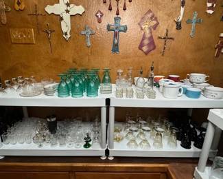Pioneer Woman glassware, Vintage Fostoria, Glass Bar glassware.  Vintage shot glasses