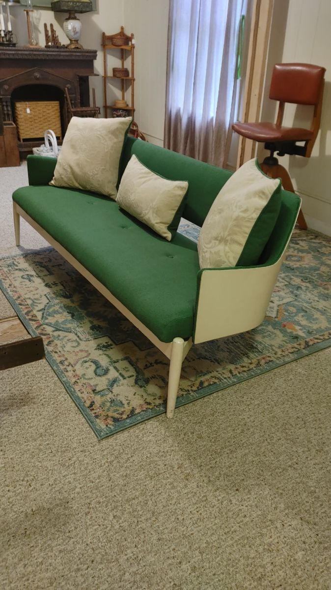 Newly upholstered in vintage green Mobilia by Kodawood sofa