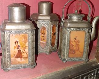Pewter tea canisters and teapot