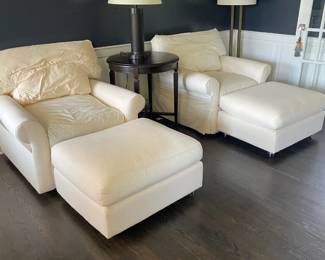 Pair of Crate and Barrel Down Club Chairs and Ottomans