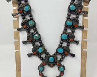 Vintage 1960s Squash Blossom Silver Necklace - Turquoise and Coral