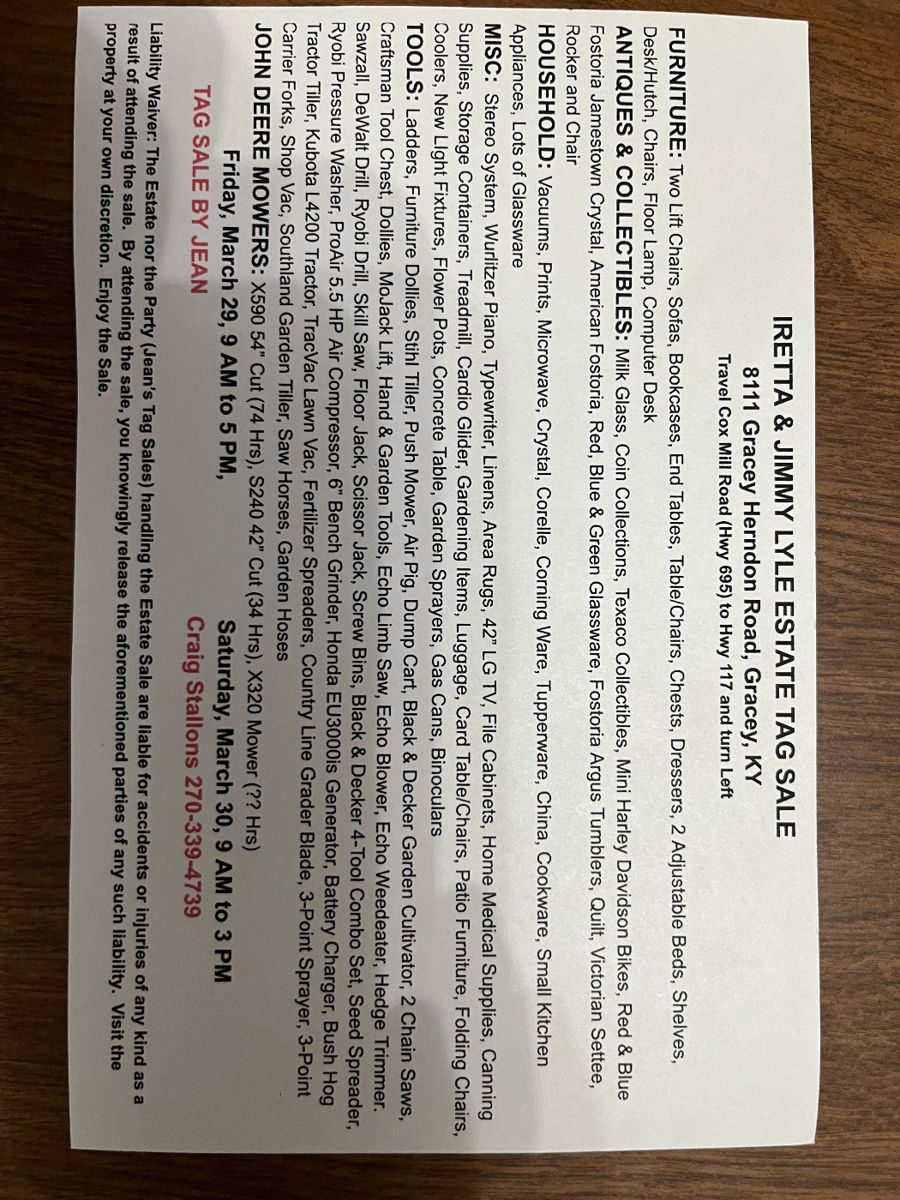 Lyle Estate Sale in Gracey, KY starts on 3/29/2024
