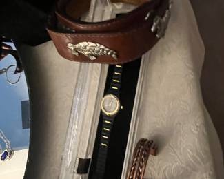 Copper Cuff Bracelet Watch + Animal Motif Leather Belt 