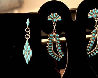Sterling Turquoise Petit Point Drop Earrings +  Turquoise Sterling Diamond-shaped drop earrings