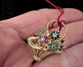 14kt Ruby Emerald Sapphire Gold Flower Basket Brooch 