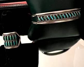 Sterling & Petit Point Turquoise Cuff & Ring Suite