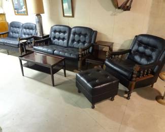 VINTAGE VINYL COUCHES, CHAIR, TABLES