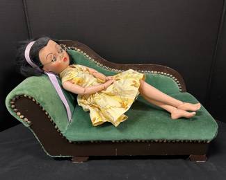 Vintage Uneeda Doll With Green Fainting Couch Clothing 