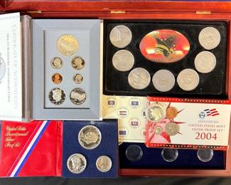 US Mint 1991 Prestige Set, 2004 Silver Proof Set, More Coins, Coin Display Case