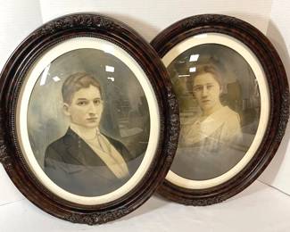 Two Vintage Portrait Prints In Wood Oval Frames