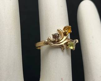  002 10k Gold Ring With Amber, Green, Smoky Colored Stones