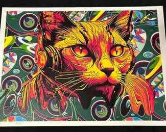 Death NYC Signed Numbered Print  Trippy DJ Cat with Headphones  Dated  Stamped