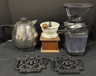 Cuisinart Coffee Grinder, Saladmaster Electric Kettle, 2 Cast Iron Trivets 
