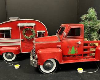 Red Metal Christmas Tree Truck Camper Both Light Up
