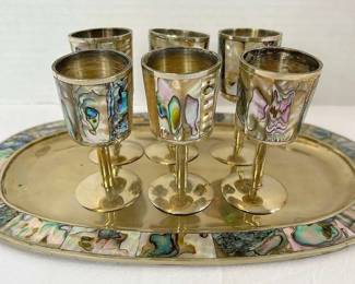 006 Pearlescent Mexico Abalone Alpaca Silver Decorative Tray With Six Small Cordial Glasses Vintage