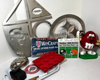 Football Collectibles MM Dispenser, OSU Tray  Jello Mold, Steelers Metal Sign,  More