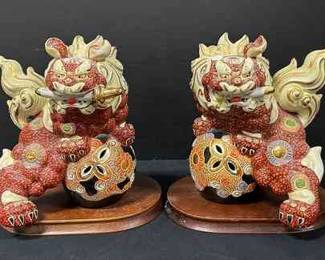  008 2 Japanese Kutani Ware Shishi Sword Lion Foo Dogs