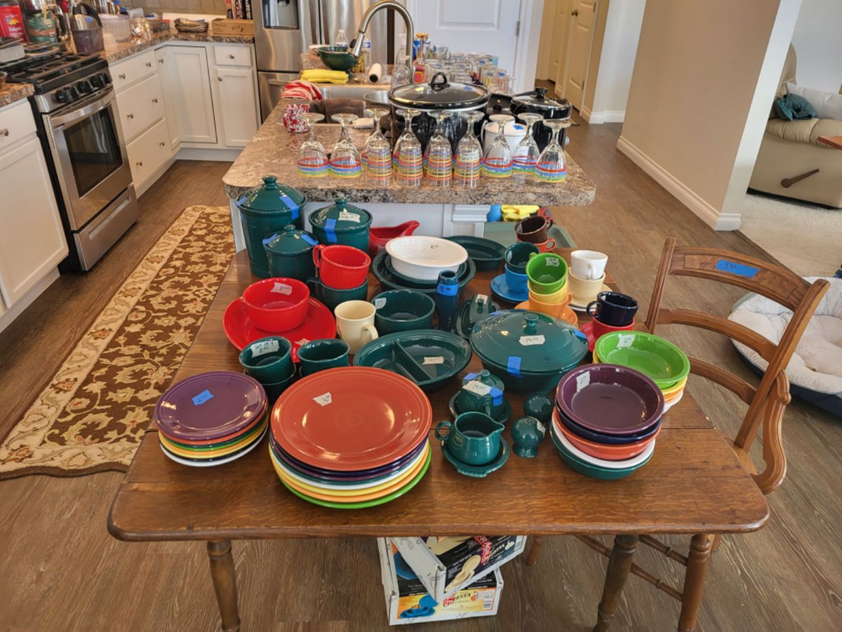 Fiestaware dishes and matching glassware