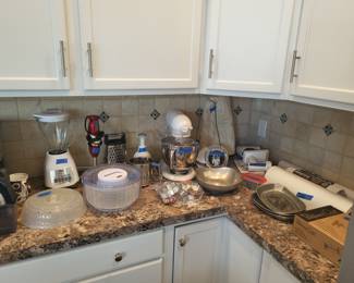 Small appliances including Kitchenaid mixer with accessory attachments