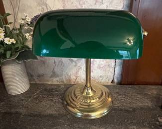 Vintage Bankers Desk Lamp Emerald Green  Glass Shade Brass Base 