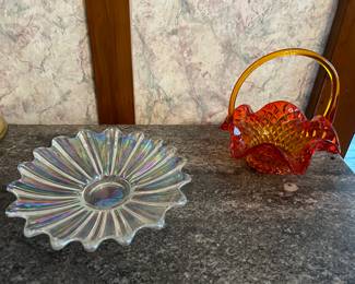 Federal Glass Carnival Starburst Dish and Fenton Amberina Glass Ruffle Vintage Handled Basket with Diamond quilted design