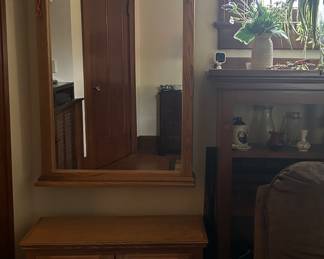 Oak hall tree/mirror with detached bench/cabinet