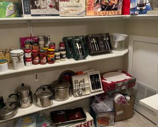 Collection of New In Box Kitchen Accessories Including Cutlery Sets, Stainless Steel Pots & Pans, Corning Ware & Wine Glasses