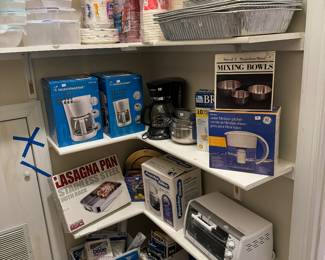 Collection of New In Box Kitchen Accessories Including Coffee Makers, Stainless Steel Pans, Mixing Bowls & Disposable Cutlery