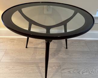 Gio Ponti Style 1950's 3 Legged Drumstick MCM Glass Top Cocktail Table (26"D x 20"H) Marked Made in Italy
