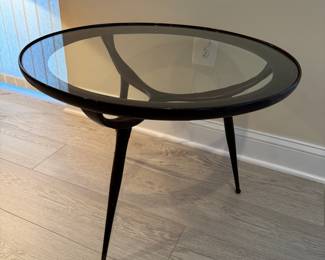 Gio Ponti Style 1950's 3 Legged Drumstick MCM Glass Top Cocktail Table (26"D x 20"H) Marked Made in Italy